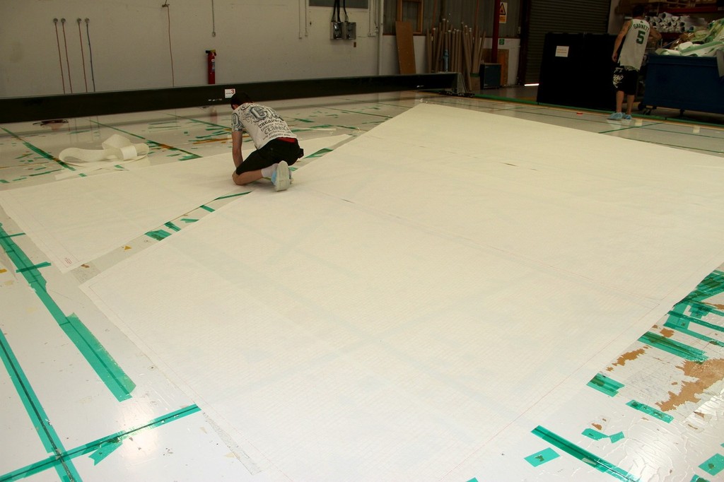 A single piece of laminate being cut into panels prior to stitching and finishing - Volvo Ocean Race - Team Sanya - Doyle Sails © Richard Gladwell www.photosport.co.nz